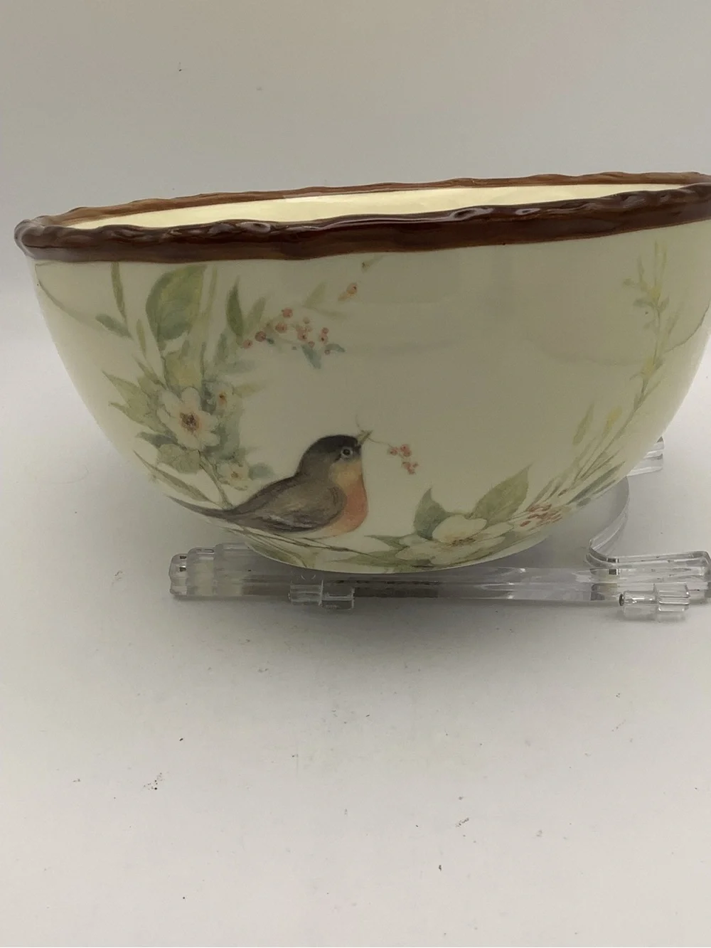 Cream Stoneware Bowl with Brown Twig Rim and Bird Floral Accents